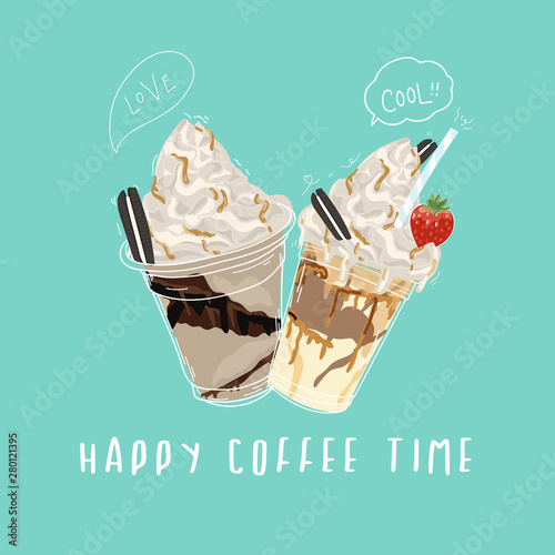 Happy coffee time banner design with sweet and cut doodle style - vector 
