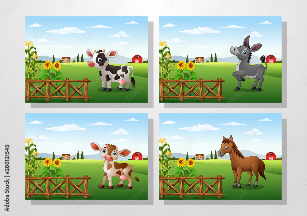 Cartoon happy animal with farm background collections set Cartoon happy animal with farm background collections set