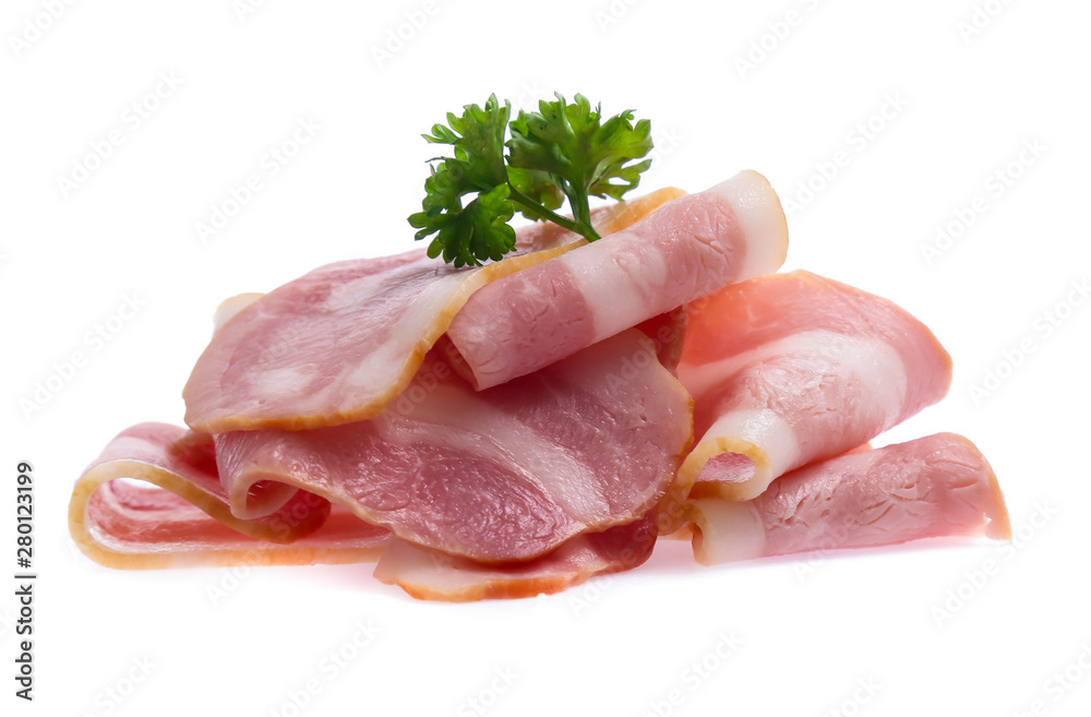 Fresh sliced bacon on white background