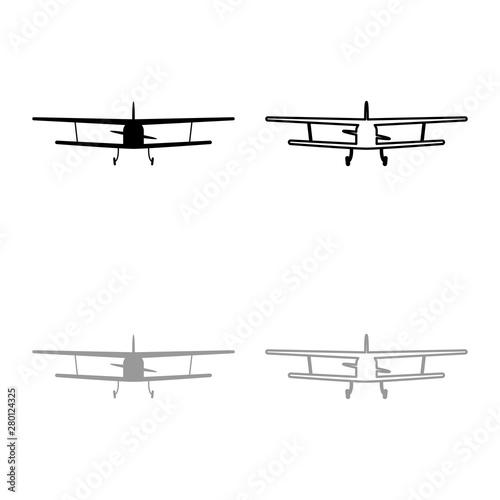 Airplane view with front Light aircraft civil Flying machine icon outline set black grey color vector illustration flat style image