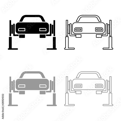 Car lift Car repair Service concept Car on fix lift Car lifted on auto lift icon outline set black grey color vector illustration flat style image