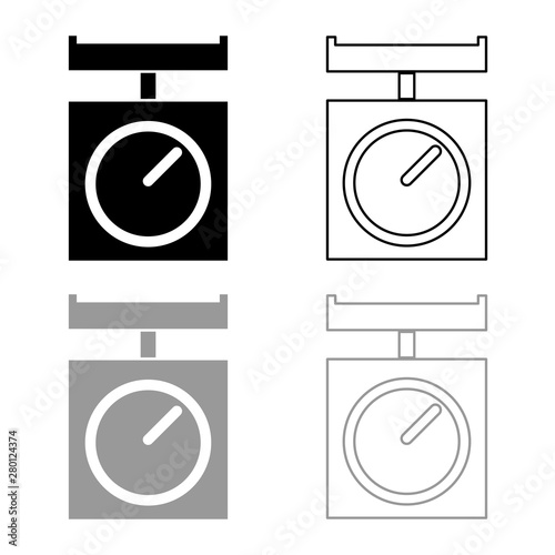 Kitchen scales Domestic weigh scales Weighing scales with pan Kitchen appliances icon outline set black grey color vector illustration flat style image
