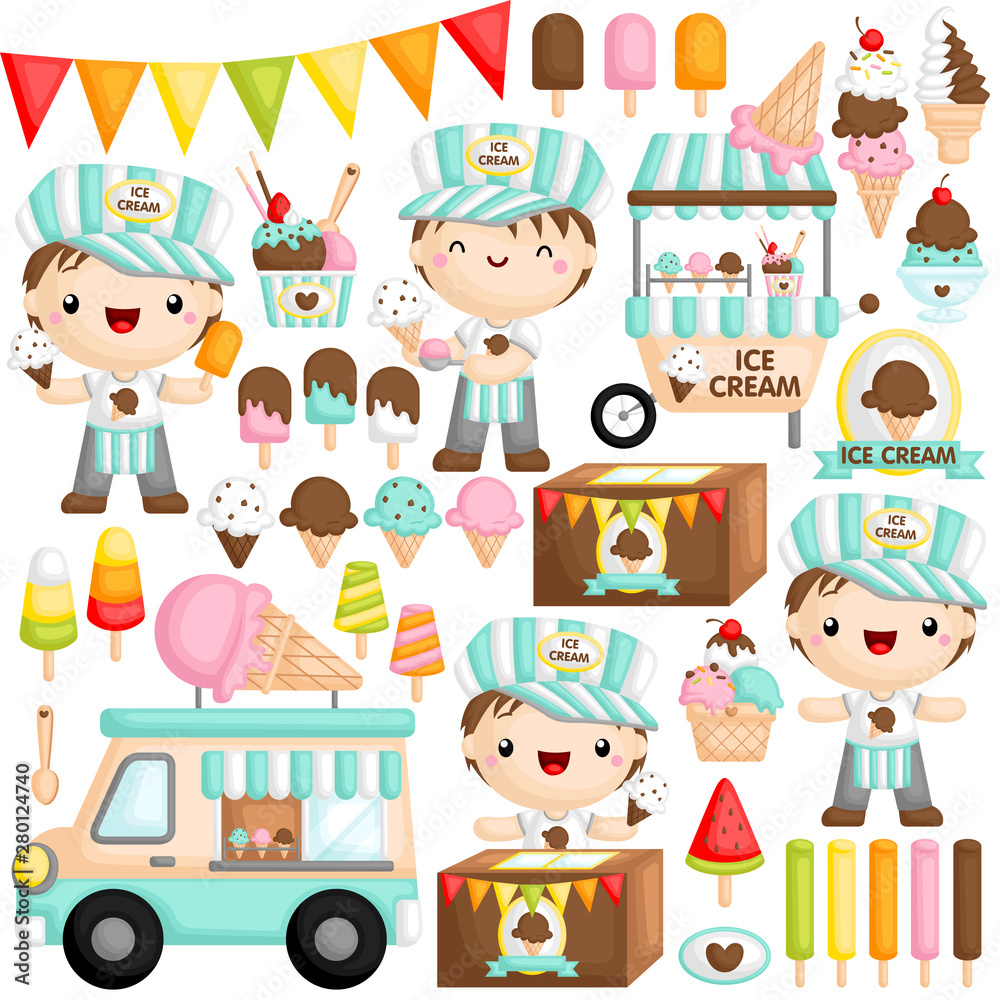 A Vector Set of Cute Boy Ice Cream Seller who is Happily Selling Various Ice Cream A Vector Set of Cute Boy Ice Cream Seller who is Happily Selling Various Ice Cream