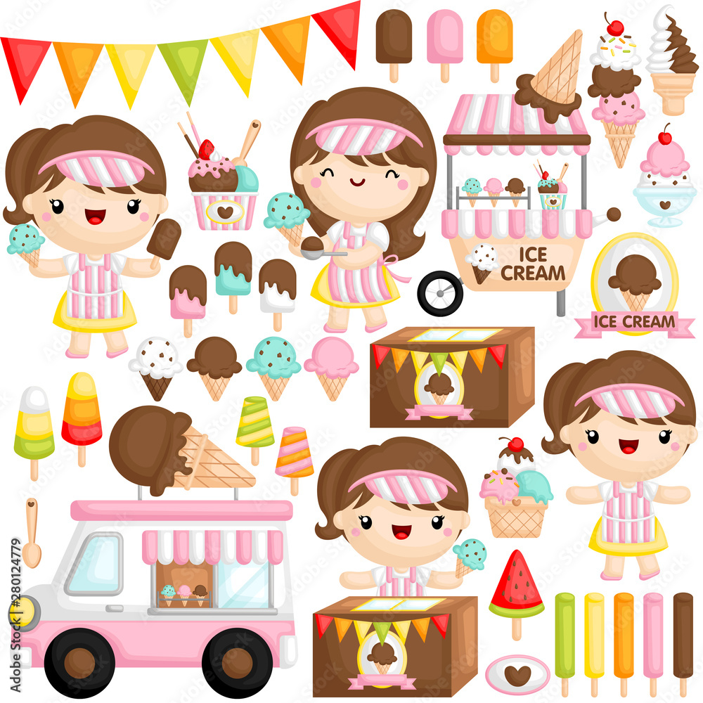 A Vector Set of Cute Girl Ice Cream Seller who is Happily Selling ...