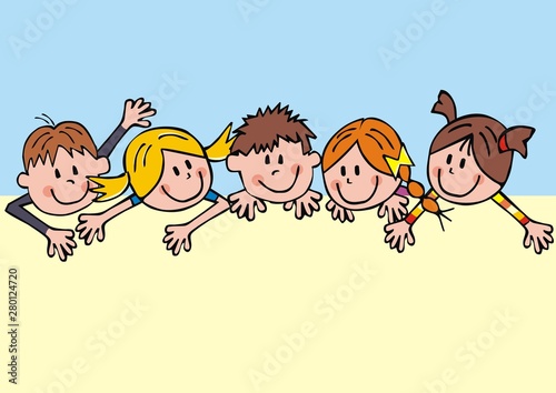 Five smiling children, funny vector illustration, template