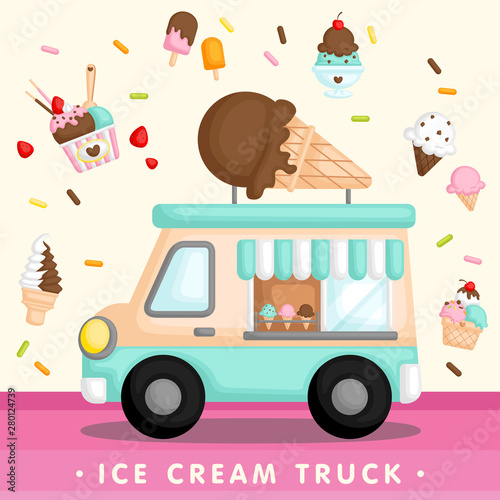 A Vector of Cute Blue Ice Cream Truck with Various Type of Ice Cream and Popsicle