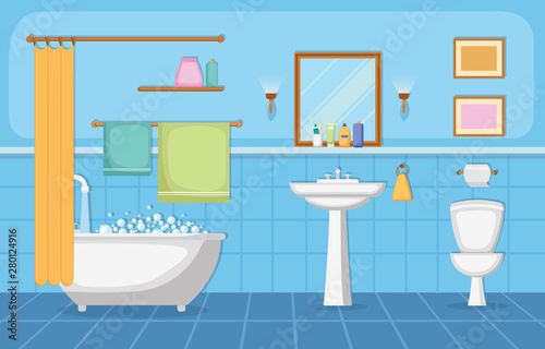 Classic Bathroom Interior Clean Room Wooden Accent Furniture Flat Design