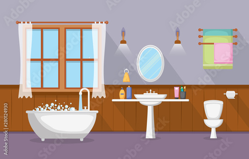 Classic Bathroom Interior Clean Room Wooden Accent Furniture Flat Design