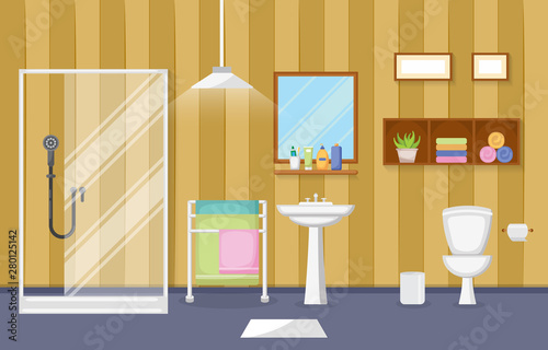 Classic Bathroom Interior Clean Room Wooden Accent Furniture Flat Design