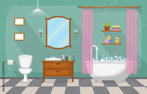 Classic Bathroom Interior Clean Room Wooden Accent Furniture Flat Design