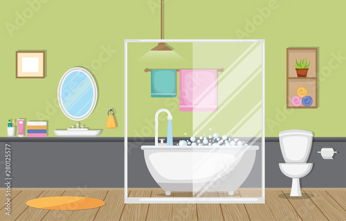 Classic Bathroom Interior Clean Room Wooden Accent Furniture Flat Design