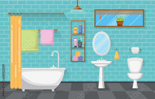 Classic Bathroom Interior Clean Room Wooden Accent Furniture Flat Design