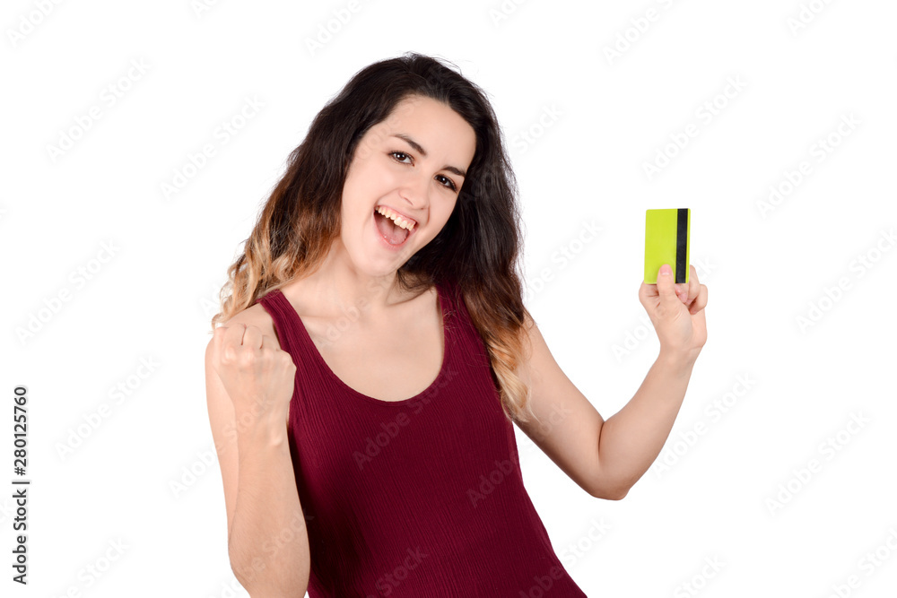 Woman holding credit card.