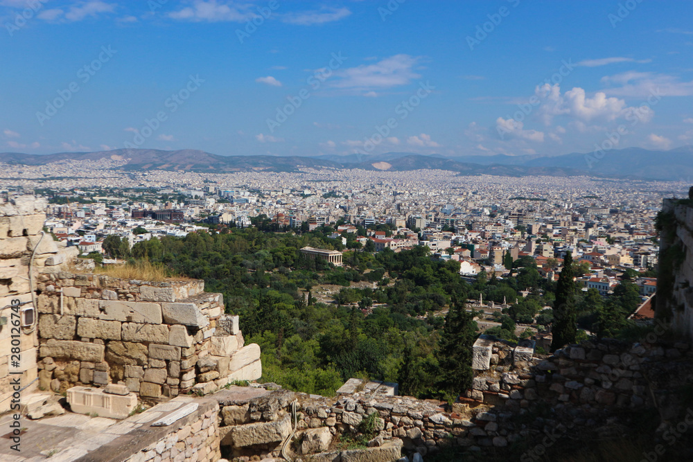 Scenic panoramic aerial view of the city Athens, Greece from Acropolis in bright summer day