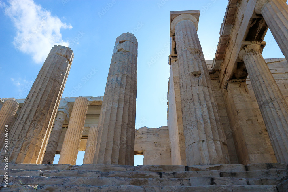 ruins of ancient Pinakotheke with marble doric columns in Athenian acropolis greece ruins of ancient Pinakotheke with marble doric columns in Athenian acropolis greece
