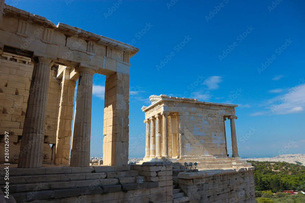 Propylaea beautiful monumental gateway to the ancient Acropolis of Athens Greece under bright blue summer sky