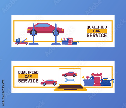 Auto service and repair maintenance banners set, vector illustration. Cars diagnostic equipment, repair tools, auto service garage.