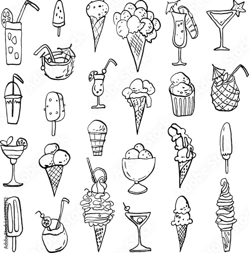 Collection of summer cold dessert ink doodles. Ice cream and cocktail. Vector stock set. Cute icons. Can be used for printed materials. Food holiday background. Hand drawn design elements.