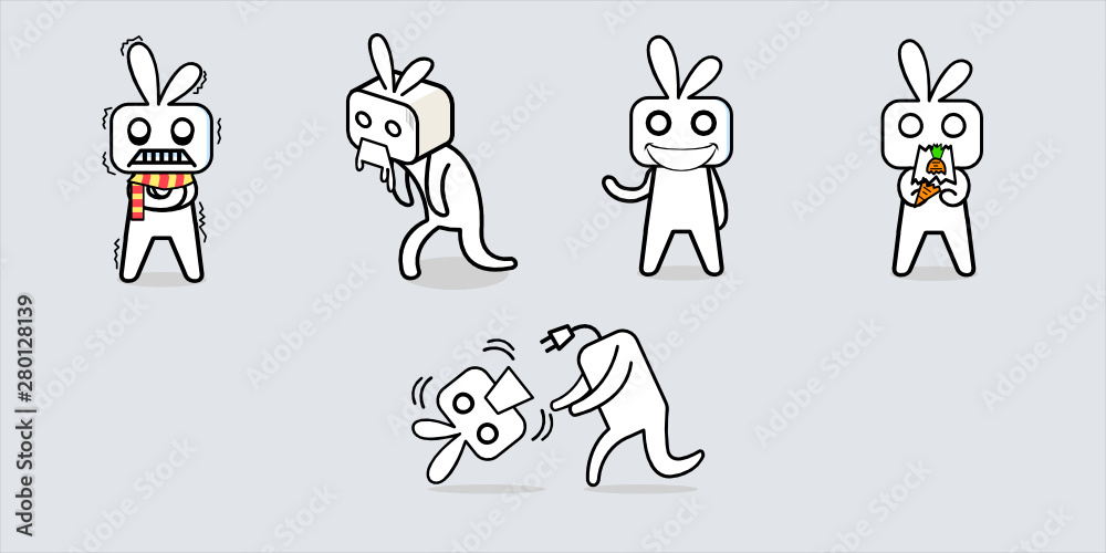 Fototapeta premium White box like rabbit robot cartoon character design. Action expression and emotion set cold, puke, smile, bite a carrot and fall out unplug head.
