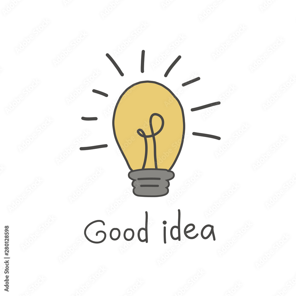 Yellow light bulb in doodle style. Hand-drawn illustration.