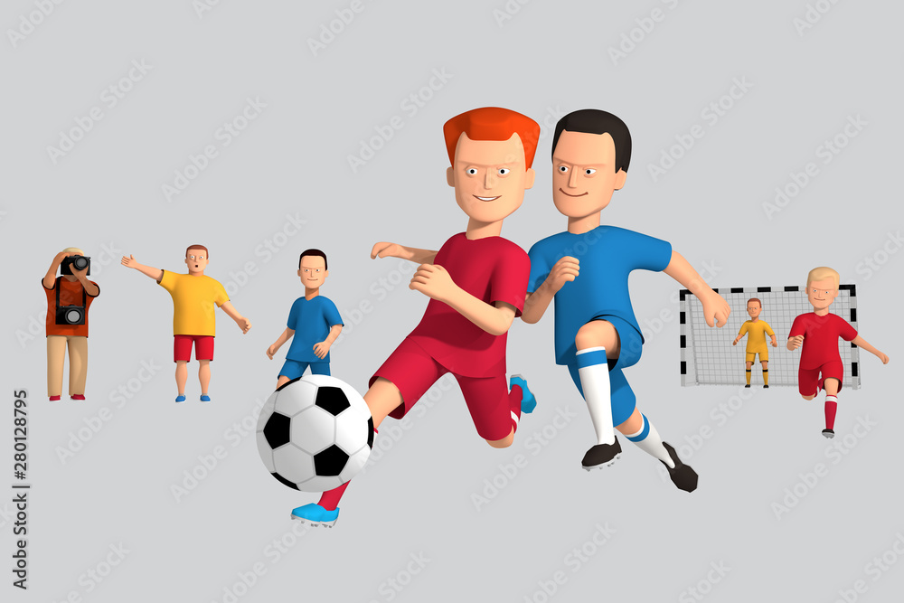 3d illustration boys football players run with a ball. Around experiencing fans. Isolate 3d modeling