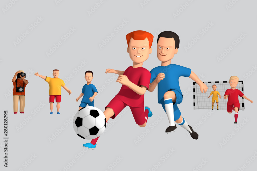 Fototapeta premium 3d illustration boys football players run with a ball. Around experiencing fans. Isolate 3d modeling