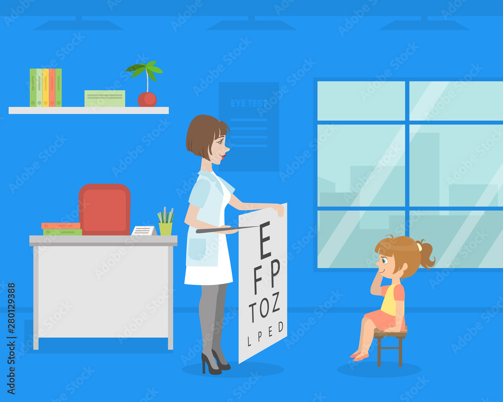 Female Ophthalmologist Doing Eyesight Test to Girl, Doctor Consulting Patient in Medical Office Vector Illustration Female Ophthalmologist Doing Eyesight Test to Girl, Doctor Consulting Patient in Medical Office Vector Illustration