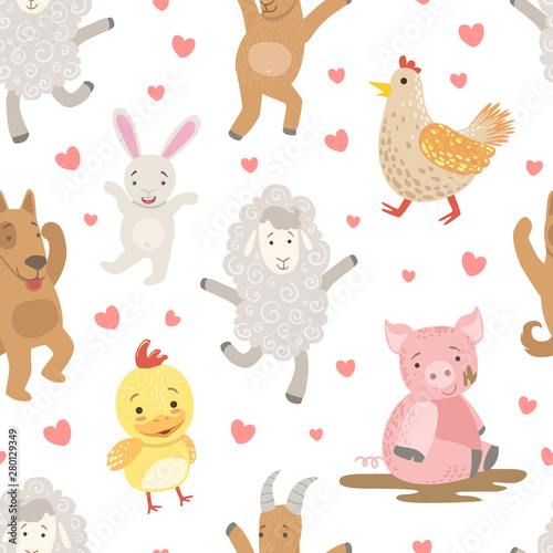 Cute Farm Animals Childish Seamless Pattern, Dog, Pig, Sheep, Chicken, Hen, Design Element Can Be Used for Wallpaper, Packaging, Background Vector Illustration