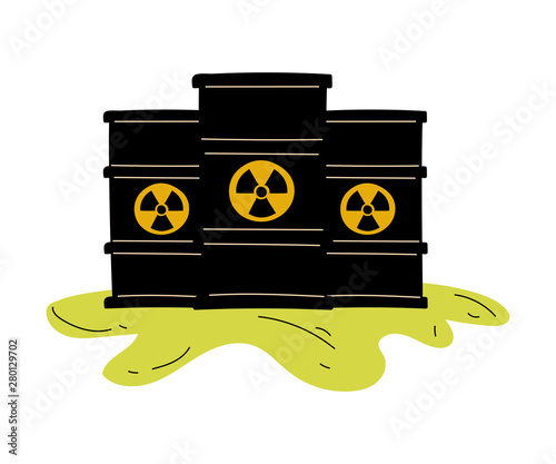 Flowing Barrels of Nuclear Waste, Ecological Problem, Environmental Pollution By Chemicals and Industry Waste Vector Illustration