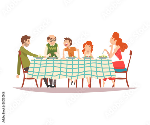 Big Family Sitting at Kitchen Table with Checkered Tablecloth, Eating Food and Talking to Each Other, Happy Parents, Children and Grandfather Having Lunch Vector Illustration