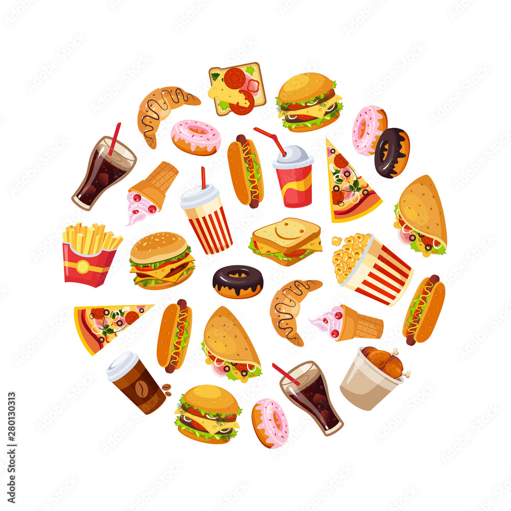 Fast Food Dishes in Circular Shape, Croissant, Donut, Ice Cream, Burger, Popcorn, Hamburger Seamless Pattern Vector Illustration
