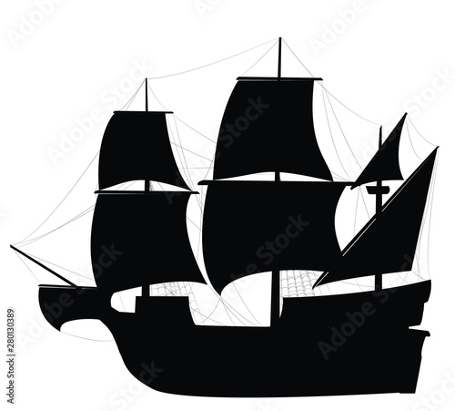 Vector black colored Caravel sailing ship illustration