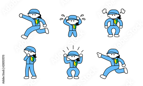 新人作業員女性の色々なポーズセット（デフォルメ）