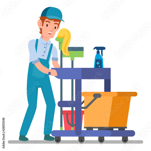 Professional cleaning staff with many cleaning equipment ready to clean the whole room