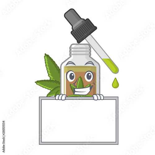 Grinning with board hemp oil in the character bottle