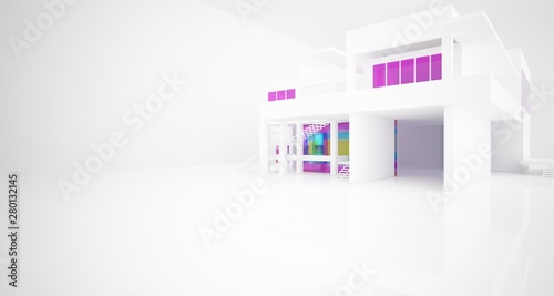Abstract architectural white and glass gradient color interior of a minimalist house with large windows.. 3D illustration and rendering.