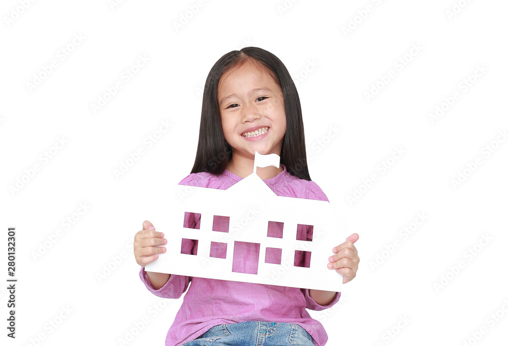 Little Asian girl holding mock-up paper school isolated on white background. Education and back to school concept. Little Asian girl holding mock-up paper school isolated on white background. Education and back to school concept.