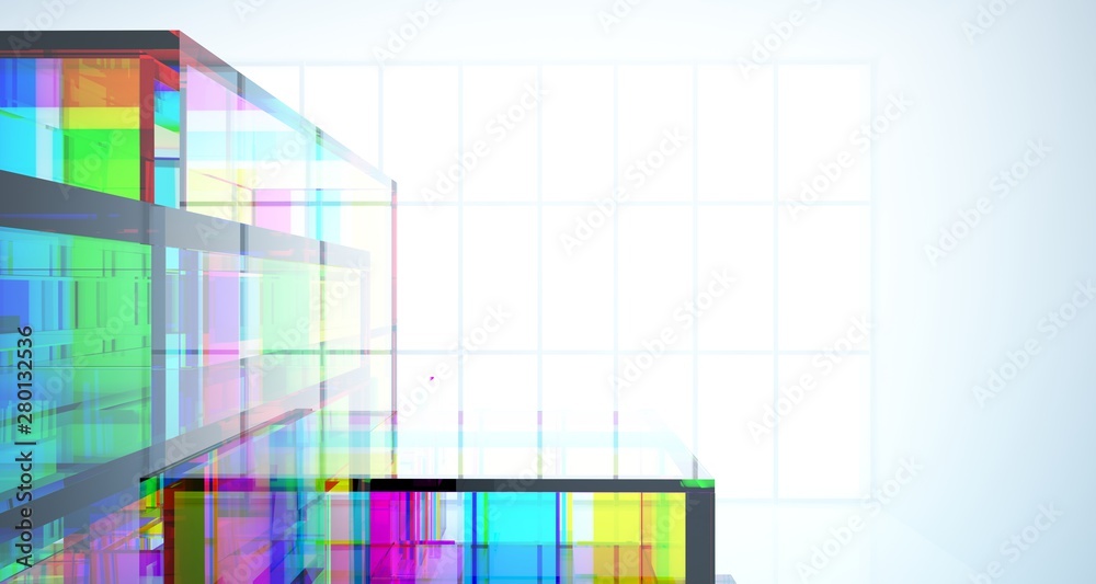 Fototapeta premium Abstract architectural glass gradient color interior of a minimalist house with large windows.. 3D illustration and rendering.