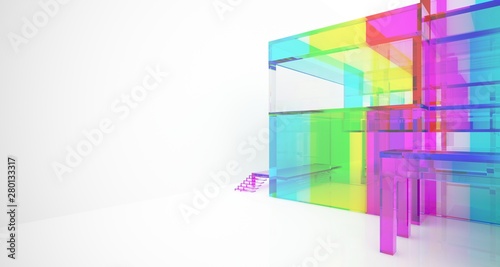 Fototapeta Naklejka Na Ścianę i Meble -  Abstract architectural glass gradient color interior of a minimalist house with large windows.. 3D illustration and rendering.
