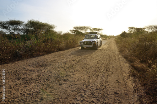 African landscape. Safari and extreme travel. Drought mountain landscape. Dust off road 