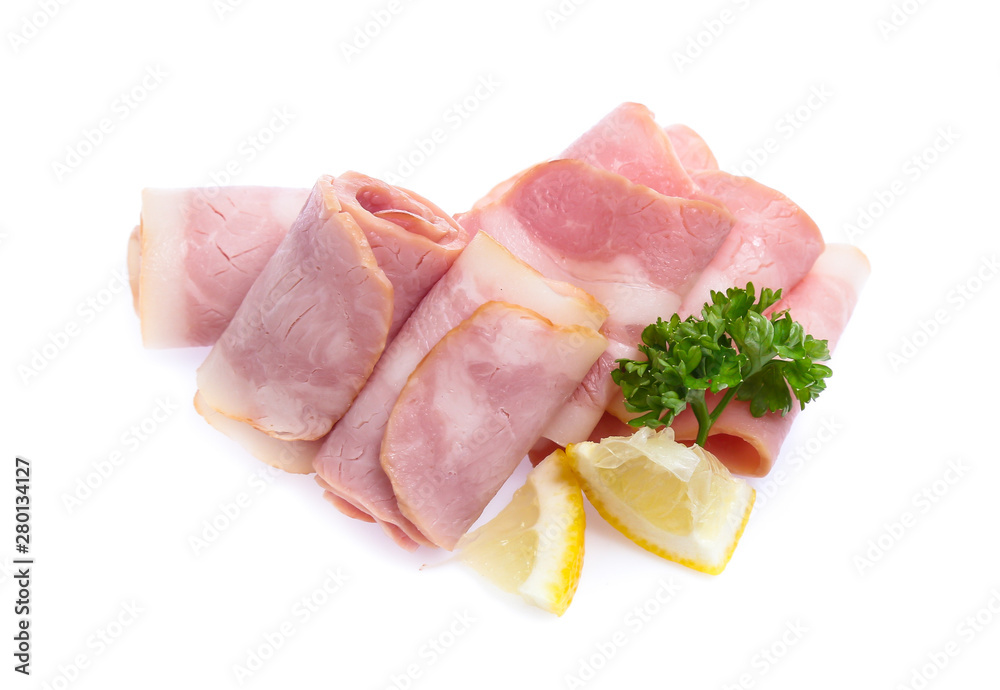 Fresh sliced bacon on white background Fresh sliced bacon on white background