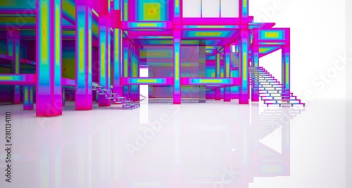 Abstract architectural white interior and color gradient of a minimalist house with large windows.. 3D illustration and rendering.