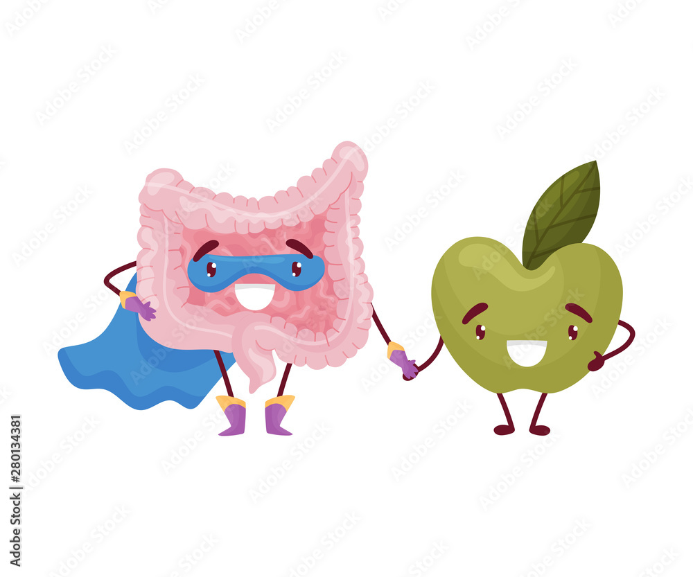 Cartoon intestine and apple hold hands. Vector illustration on white background. Cartoon intestine and apple hold hands. Vector illustration on white background.