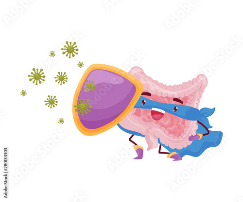 Cartoon intestine is protected by a shield from microbes. Vector illustration on white background.