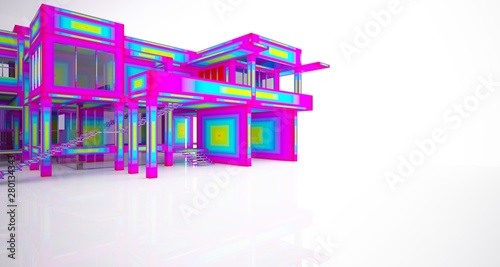 Abstract architectural white interior and color gradient of a minimalist house with large windows.. 3D illustration and rendering.
