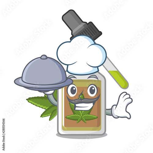 Chef with food hemp oil isolated with the cartoon