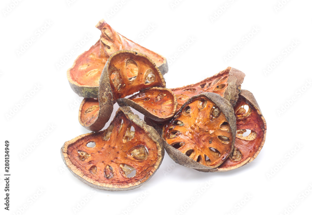 Dry bael fruit on white background Dry bael fruit on white background