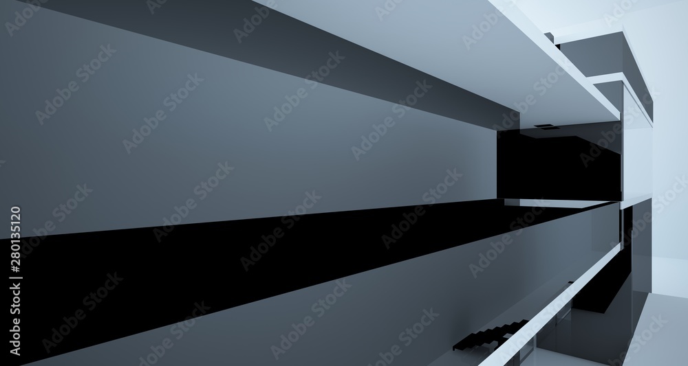 Fototapeta Abstract architectural white and black gloss interior of a minimalist house with large windows.. 3D illustration and rendering.