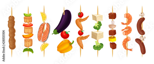 Set of kebabs on a wooden skewer. Vector illustration on white background.