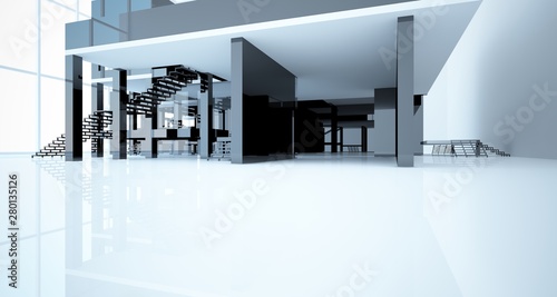 Abstract architectural white and black gloss interior of a minimalist house with large windows.. 3D illustration and rendering.